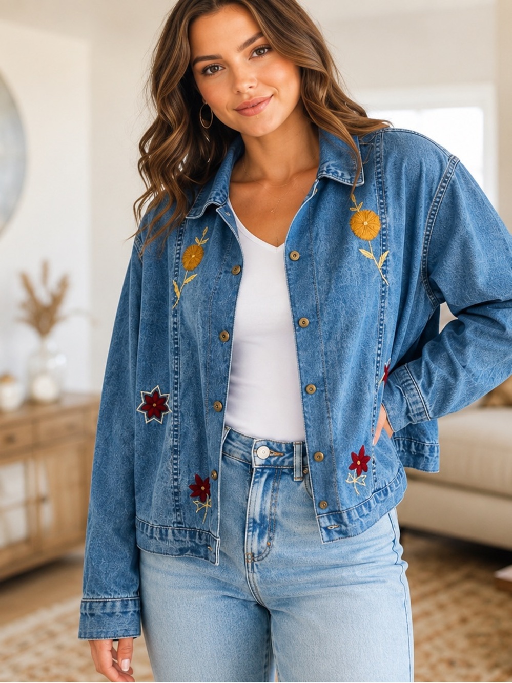 agapo Women’s XL Blue Embroidered Floral Button Front Collared Jacket